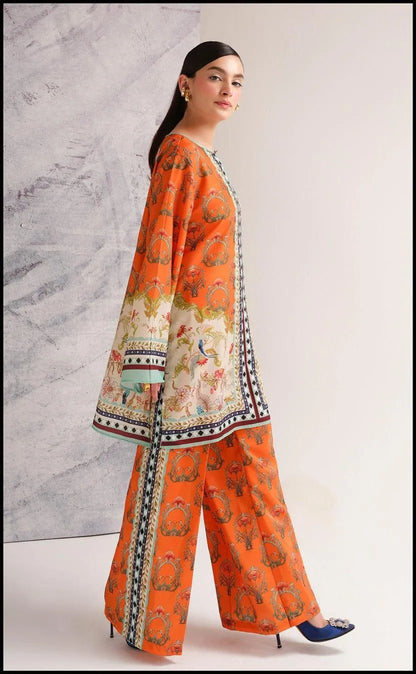 Orange swiss lawn printed 2 piece cord set for women with shirt and flapper trouser stylish summer daily wear