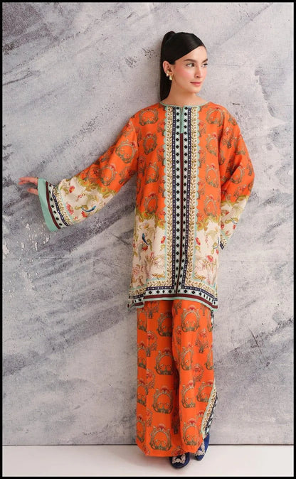 Orange swiss lawn printed 2 piece cord set for women with shirt and flapper trouser stylish summer daily wear
