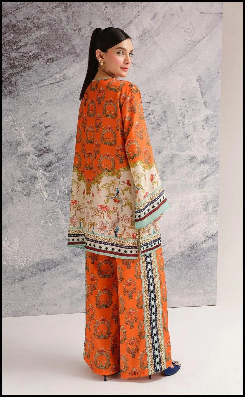Orange swiss lawn printed 2 piece cord set for women with shirt and flapper trouser stylish summer daily wear
