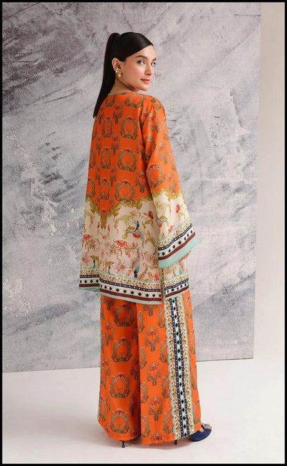 Orange swiss lawn printed 2 piece cord set for women with shirt and flapper trouser stylish summer daily wear
