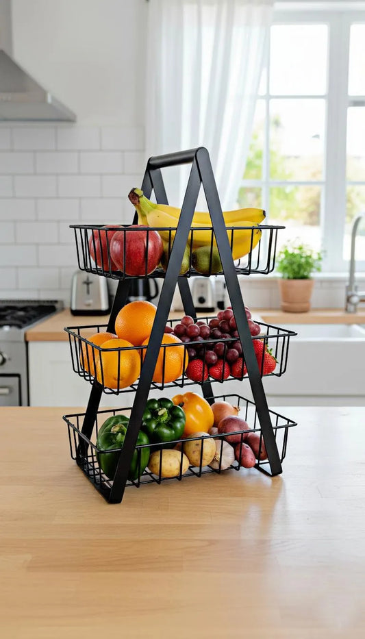 3 tier stainless steel fruit basket black organizer, kitchen counter fruit and vegetable rack with open wire design for fresh storage