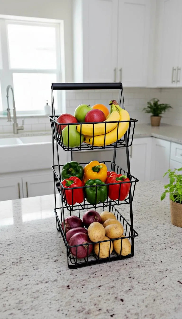 3 tier stainless steel fruit basket black organizer, kitchen counter fruit and vegetable rack with open wire design for fresh storage