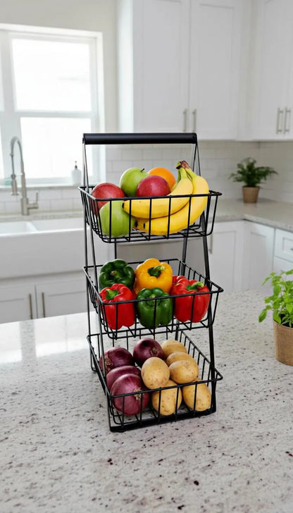 3 tier stainless steel fruit basket black organizer, kitchen counter fruit and vegetable rack with open wire design for fresh storage