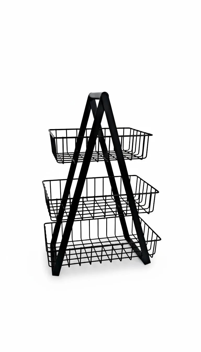 3 tier stainless steel fruit basket black organizer, kitchen counter fruit and vegetable rack with open wire design for fresh storage