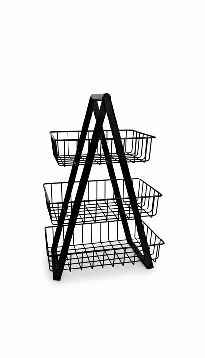 3 tier stainless steel fruit basket black organizer, kitchen counter fruit and vegetable rack with open wire design for fresh storage