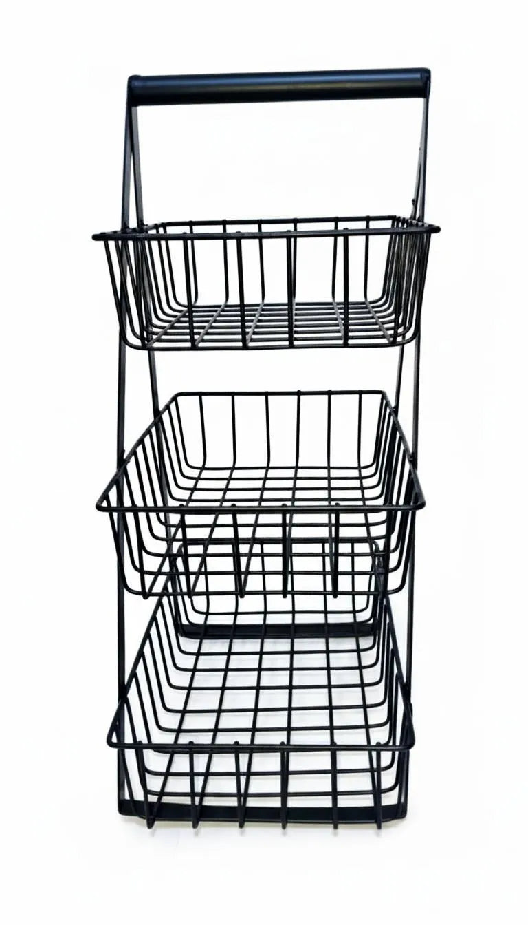 3 tier stainless steel fruit basket black organizer, kitchen counter fruit and vegetable rack with open wire design for fresh storage