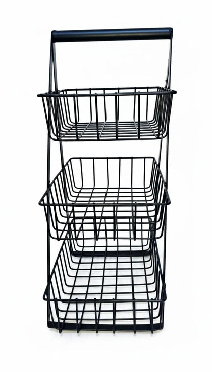 3 tier stainless steel fruit basket black organizer, kitchen counter fruit and vegetable rack with open wire design for fresh storage