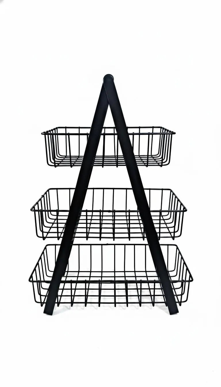 3 tier stainless steel fruit basket black organizer, kitchen counter fruit and vegetable rack with open wire design for fresh storage