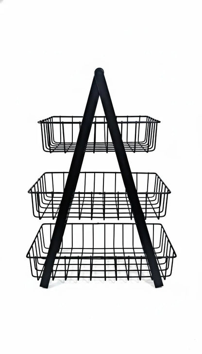 3 tier stainless steel fruit basket black organizer, kitchen counter fruit and vegetable rack with open wire design for fresh storage