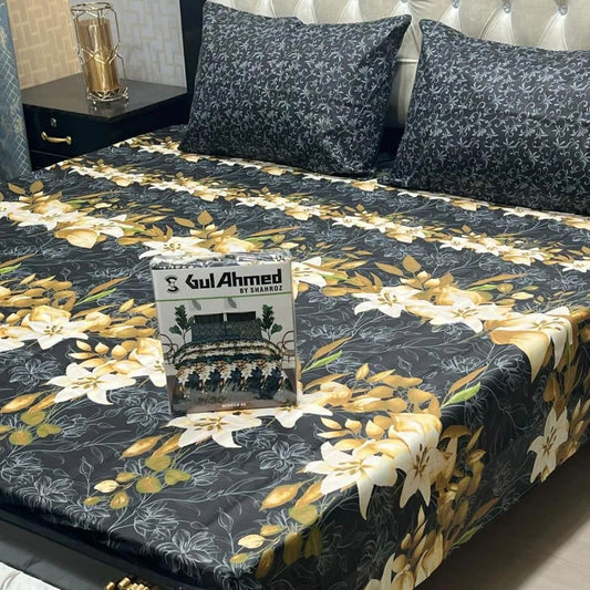 Black cotton salonica printed bedsheet 3pc double bed set with pillow covers soft breathable durable stylish everyday bedding