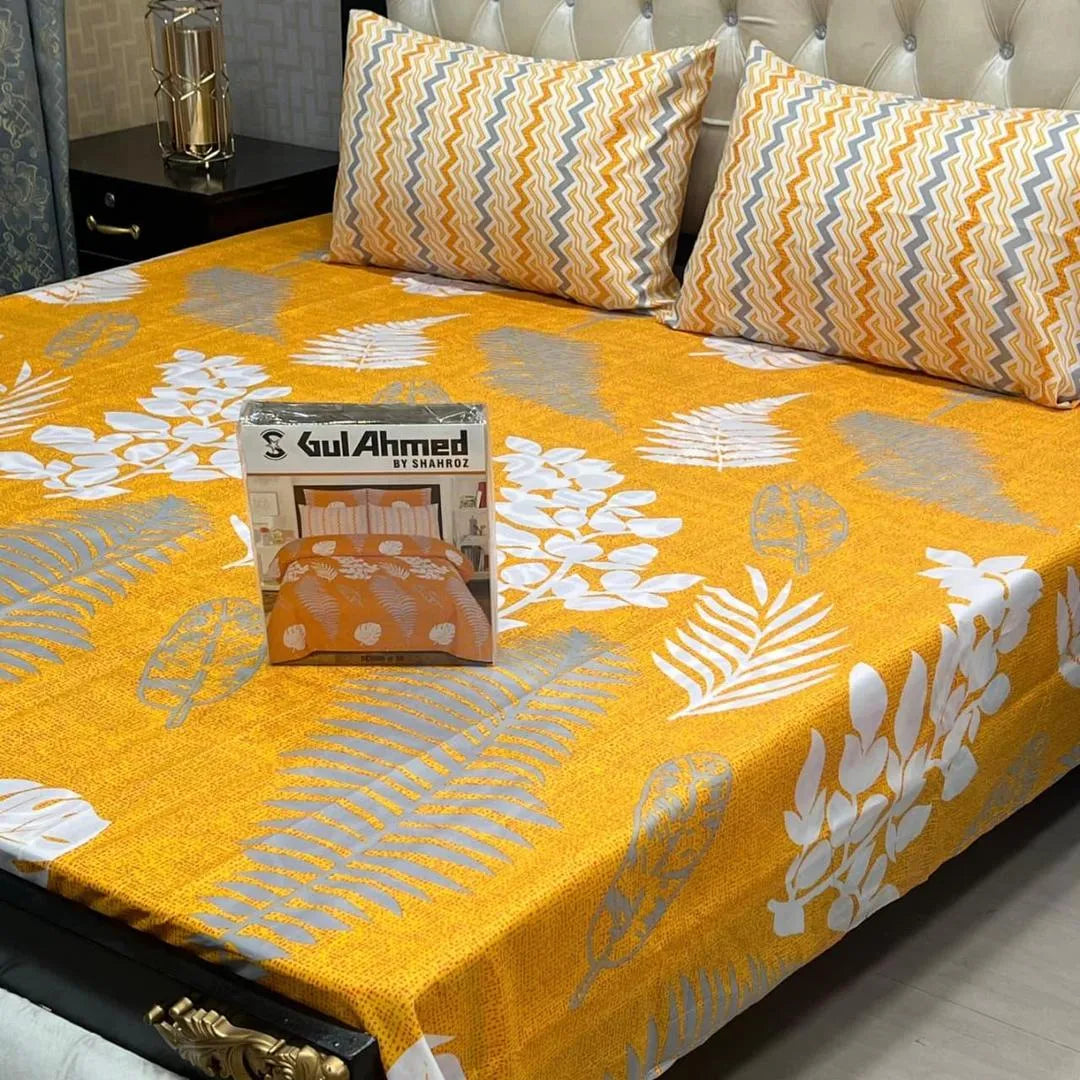 Yellow cotton salonica printed bedsheet 3pc double bed set with pillow covers soft breathable durable bright everyday bedding