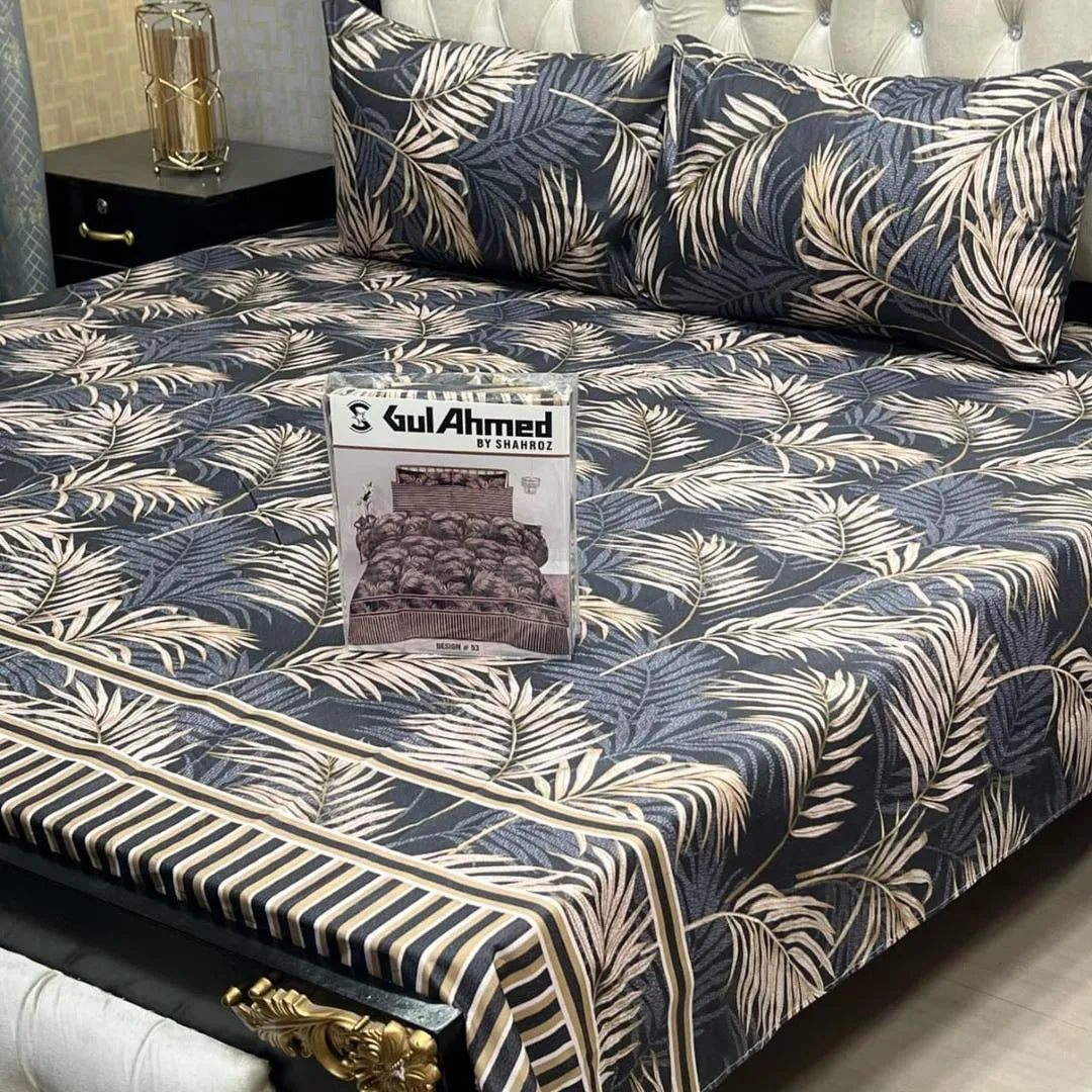 Black cotton salonica printed bedsheet 3pc double bed set with pillow covers soft breathable durable modern everyday bedding