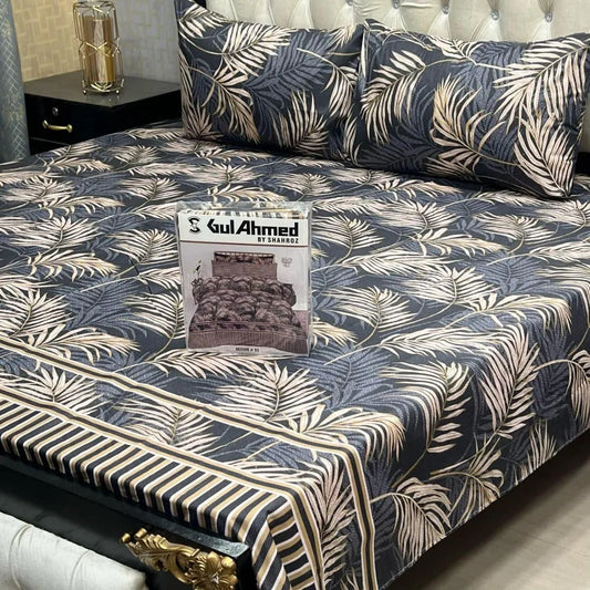Black cotton salonica printed bedsheet 3pc double bed set with pillow covers soft breathable durable modern everyday bedding