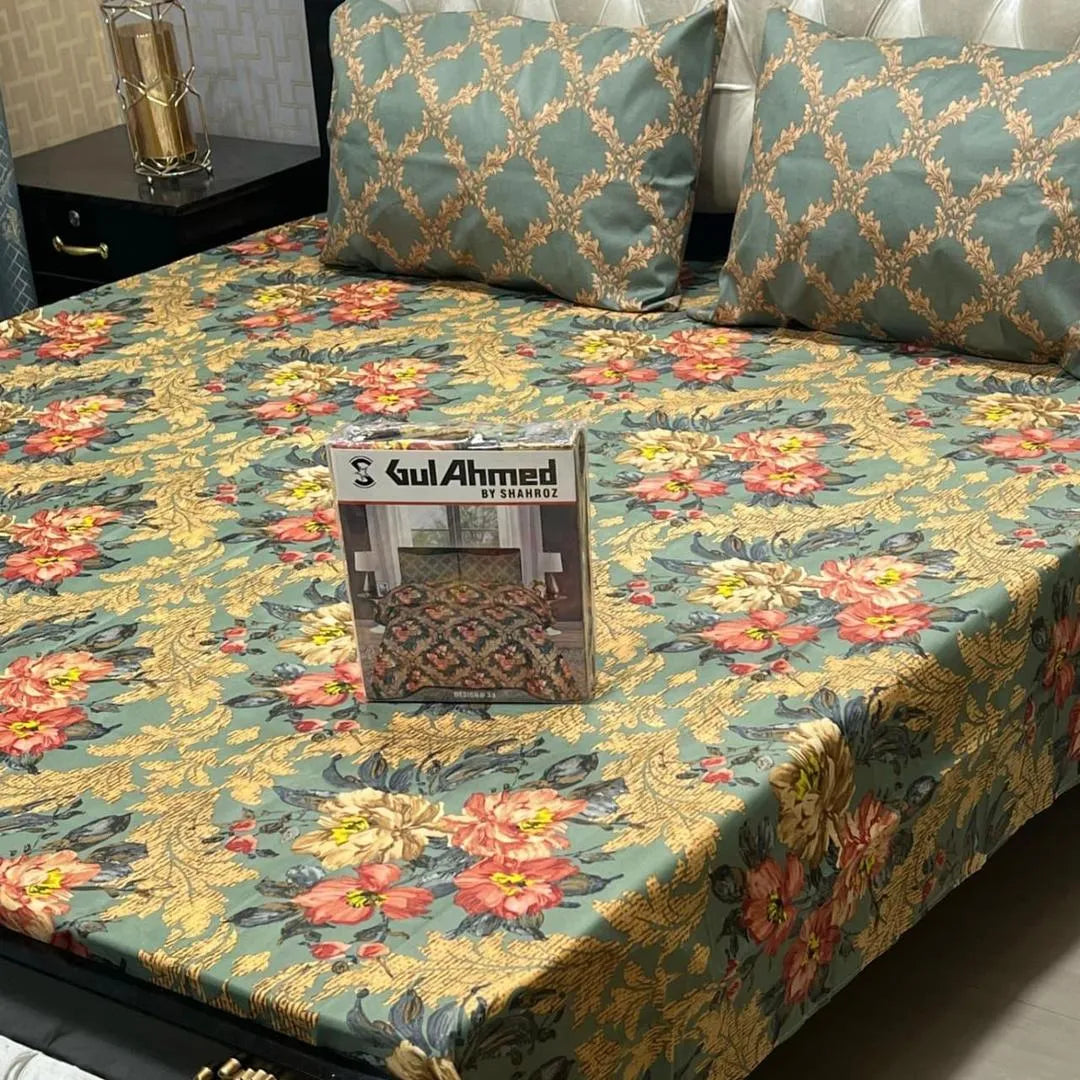 Green cotton salonica printed bedsheet 3pc double bed set with pillow covers soft breathable durable stylish everyday bedding