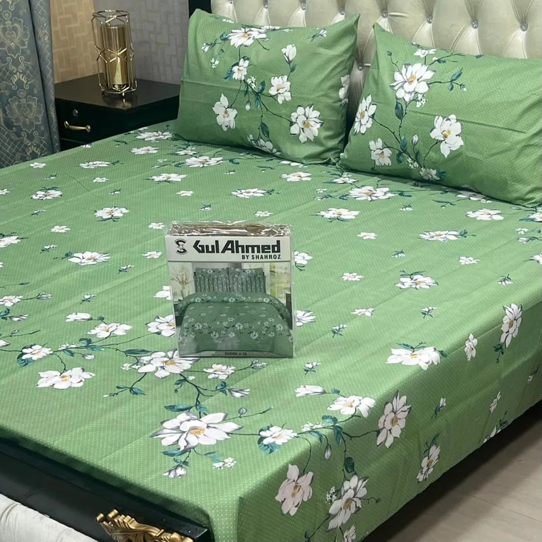 Green cotton salonica printed bedsheet 3pc double bed set with pillow covers soft breathable durable comfortable daily bedding