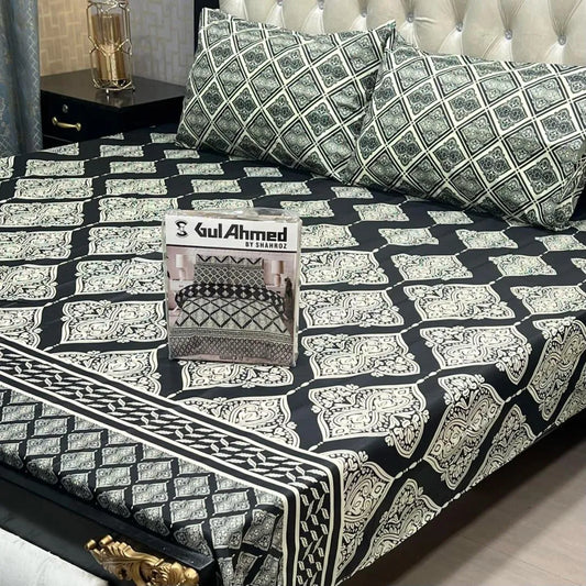 Black cotton salonica printed bedsheet 3pc double bed set with pillow covers soft breathable durable modern everyday bedding