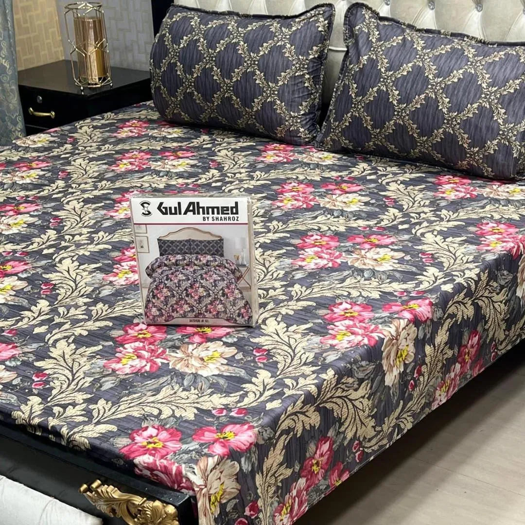 Green cotton salonica printed bedsheet 3pc double bed set with pillow covers soft breathable durable elegant daily bedding