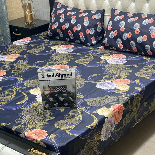 Blue cotton salonica printed bedsheet 3pc double bed set with pillow covers soft breathable durable everyday bedroom bedding