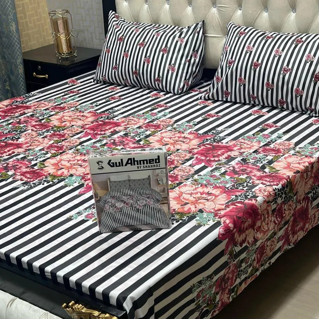 White cotton salonica printed bedsheet 3pc double bed set with pillow covers soft breathable durable elegant everyday bedding