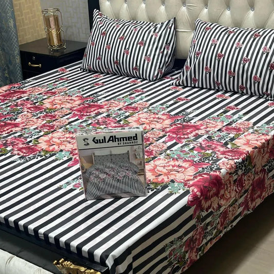 White cotton salonica printed bedsheet 3pc double bed set with pillow covers soft breathable durable elegant everyday bedding