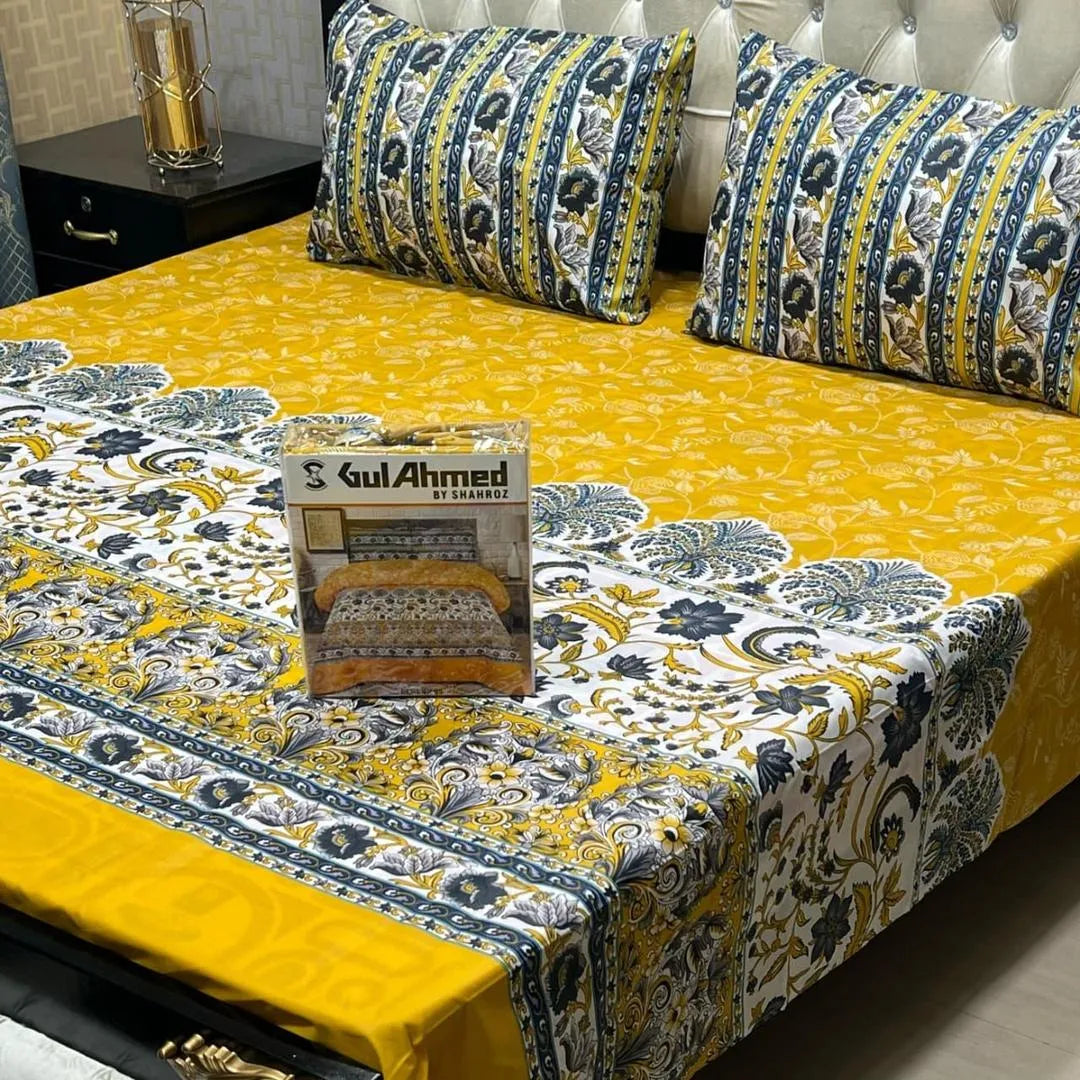 Yellow cotton salonica printed bedsheet 3pc double bed set with pillow covers soft breathable durable bright everyday bedding