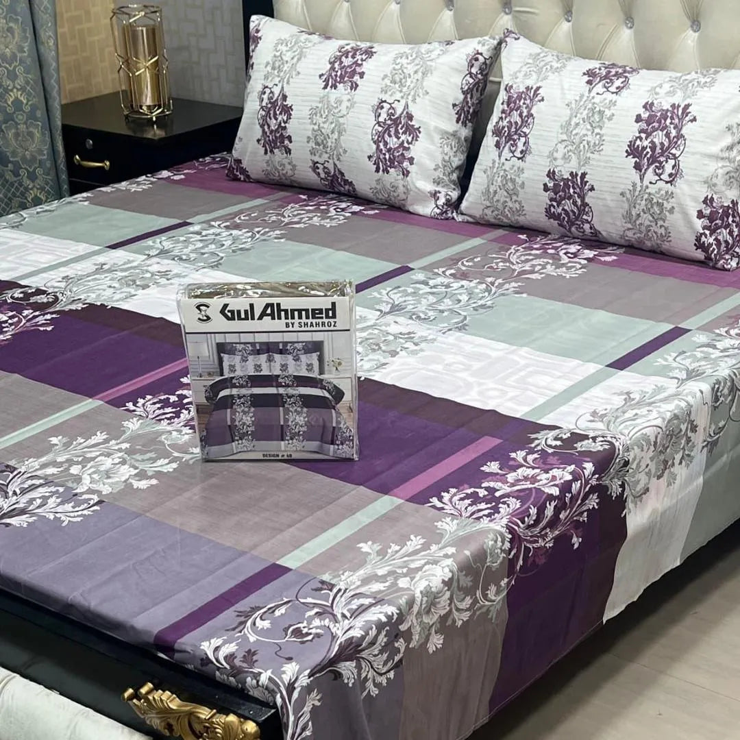 Purple cotton salonica printed bedsheet 3pc double bed set with pillow covers soft breathable durable elegant everyday bedding