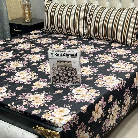 Black cotton salonica printed bedsheet 3pc double bed set with pillow covers soft breathable durable modern everyday bedding