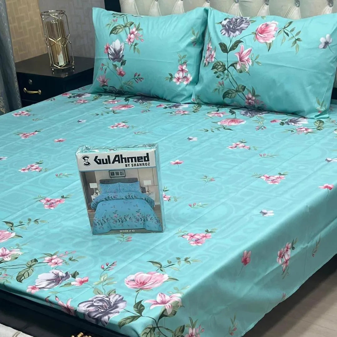 Blue cotton salonica printed bedsheet 3pc double bed set with pillow covers soft breathable durable elegant home bedding