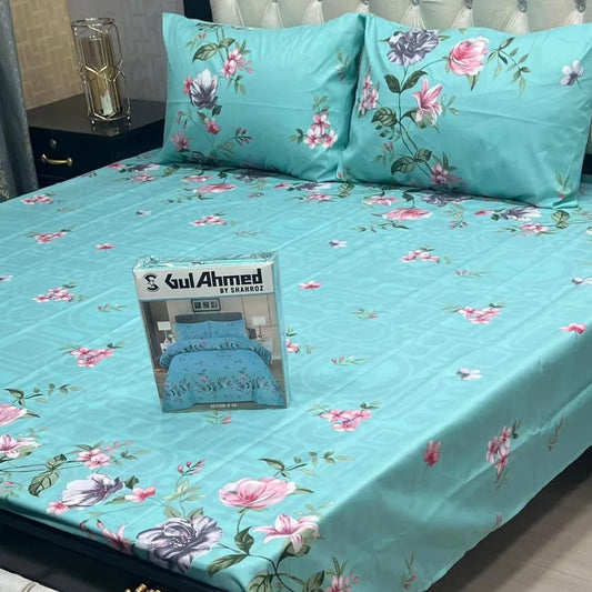 Blue cotton salonica printed bedsheet 3pc double bed set with pillow covers soft breathable durable elegant home bedding