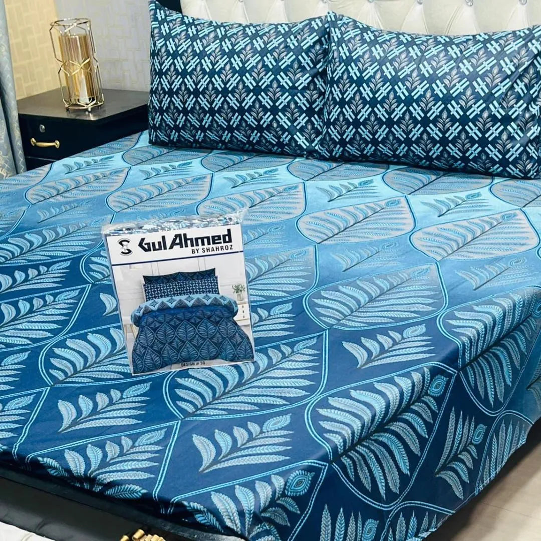 Blue cotton salonica printed bedsheet 3pc double bed set with pillow covers soft breathable durable stylish home bedding