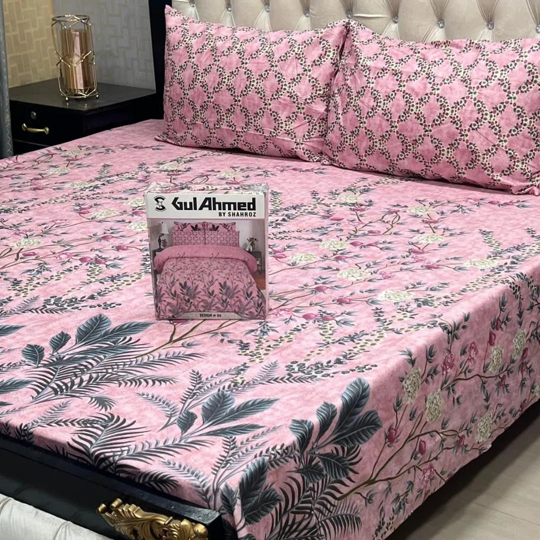 Pink cotton salonica printed bedsheet 3pc double bed set with pillow covers soft breathable durable elegant home bedding