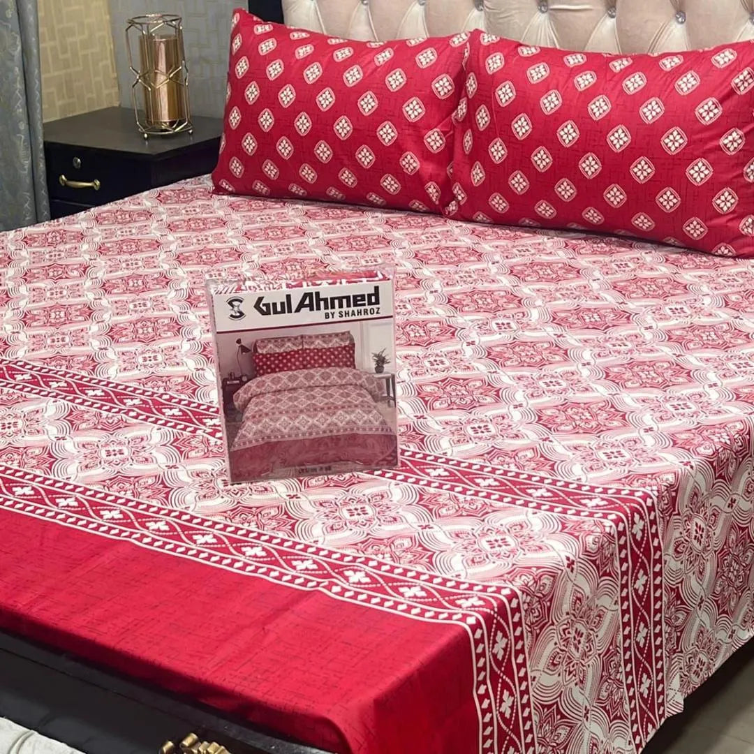 Red cotton salonica printed bedsheet 3pc double bed set with pillow covers soft breathable durable vibrant home bedding