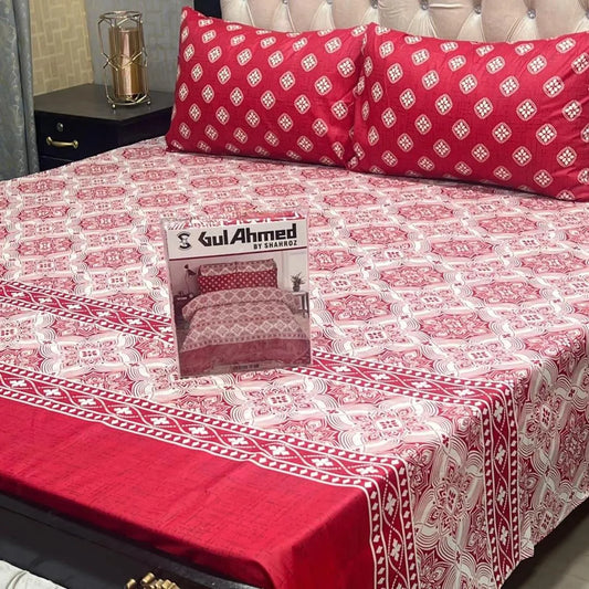 Red cotton salonica printed bedsheet 3pc double bed set with pillow covers soft breathable durable vibrant home bedding