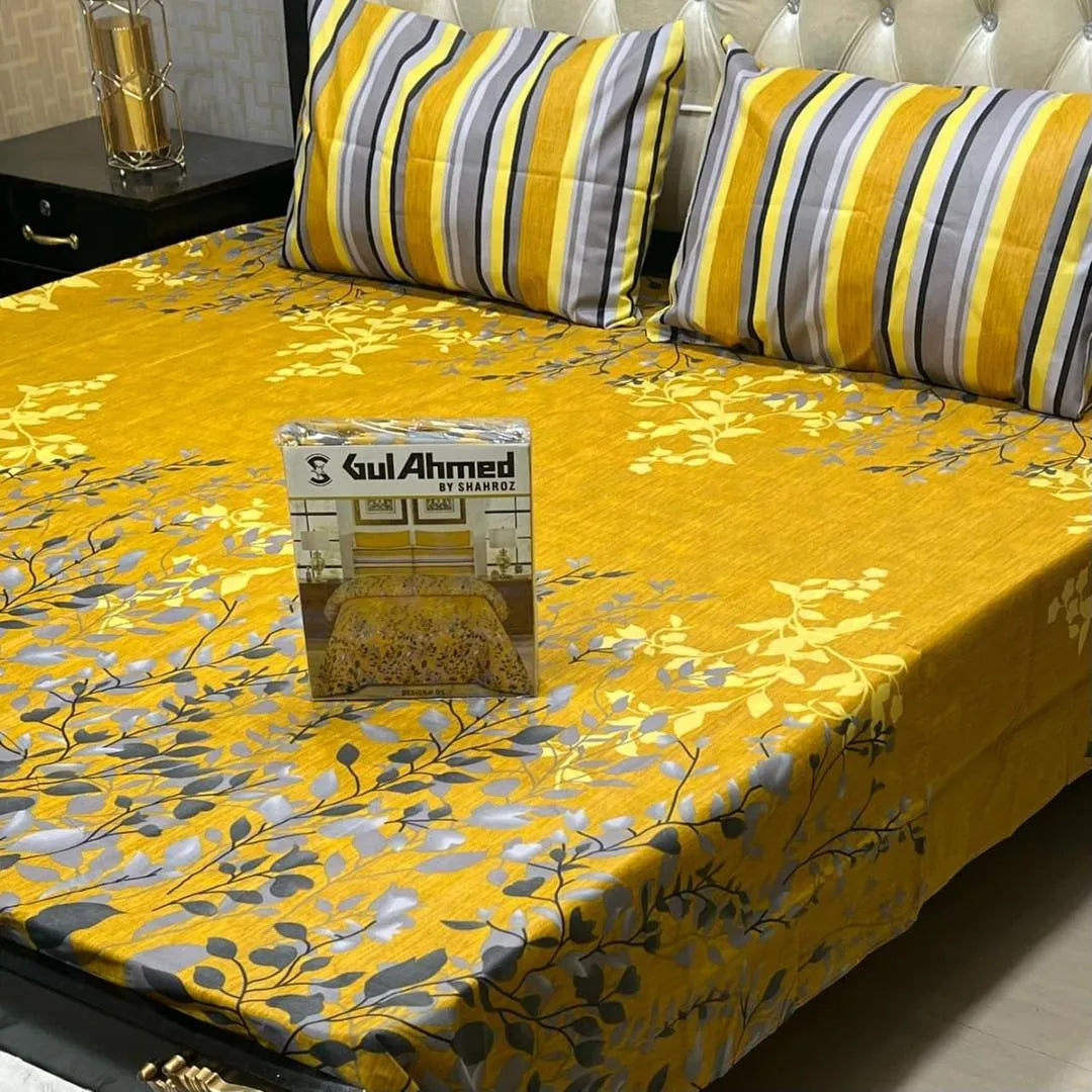 Yellow cotton salonica printed bedsheet 3pc double bed set with pillow covers soft breathable durable bright everyday bedding