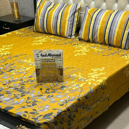 Yellow cotton salonica printed bedsheet 3pc double bed set with pillow covers soft breathable durable bright everyday bedding