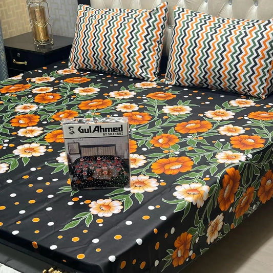 Black cotton salonica printed bedsheet 3pc double bed set with pillow covers soft breathable durable elegant everyday bedding