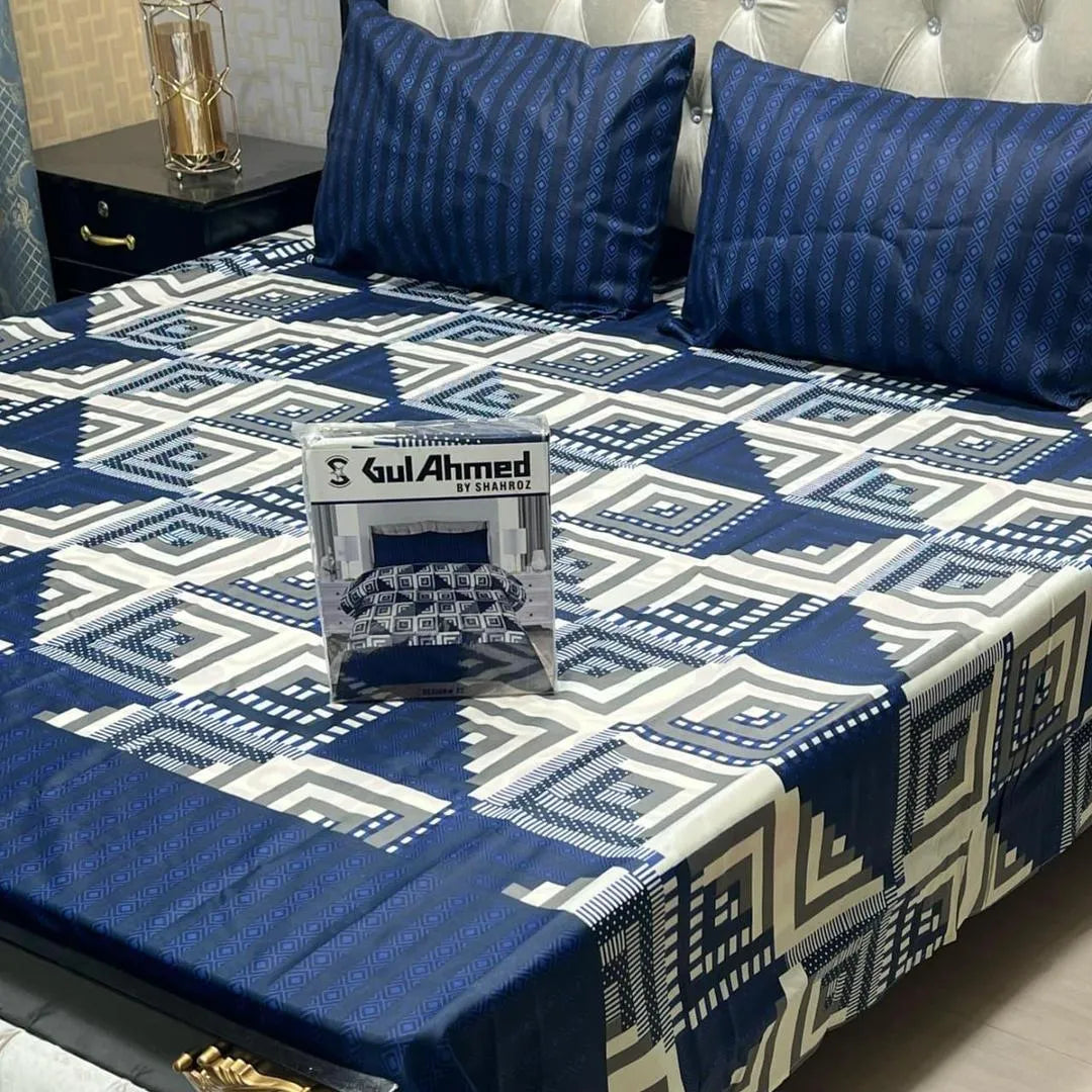 Blue cotton salonica printed bedsheet 3pc double bed set with pillow covers soft breathable durable stylish everyday bedding