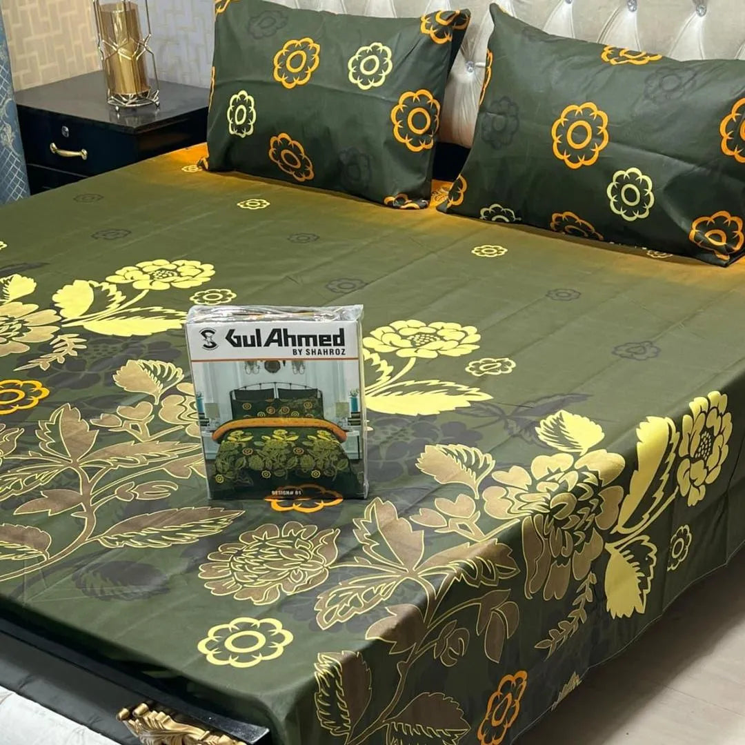 Green cotton salonica printed bedsheet 3pc double bed set with pillow covers soft breathable durable elegant everyday bedding