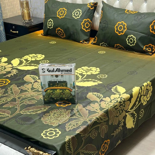 Green cotton salonica printed bedsheet 3pc double bed set with pillow covers soft breathable durable elegant everyday bedding