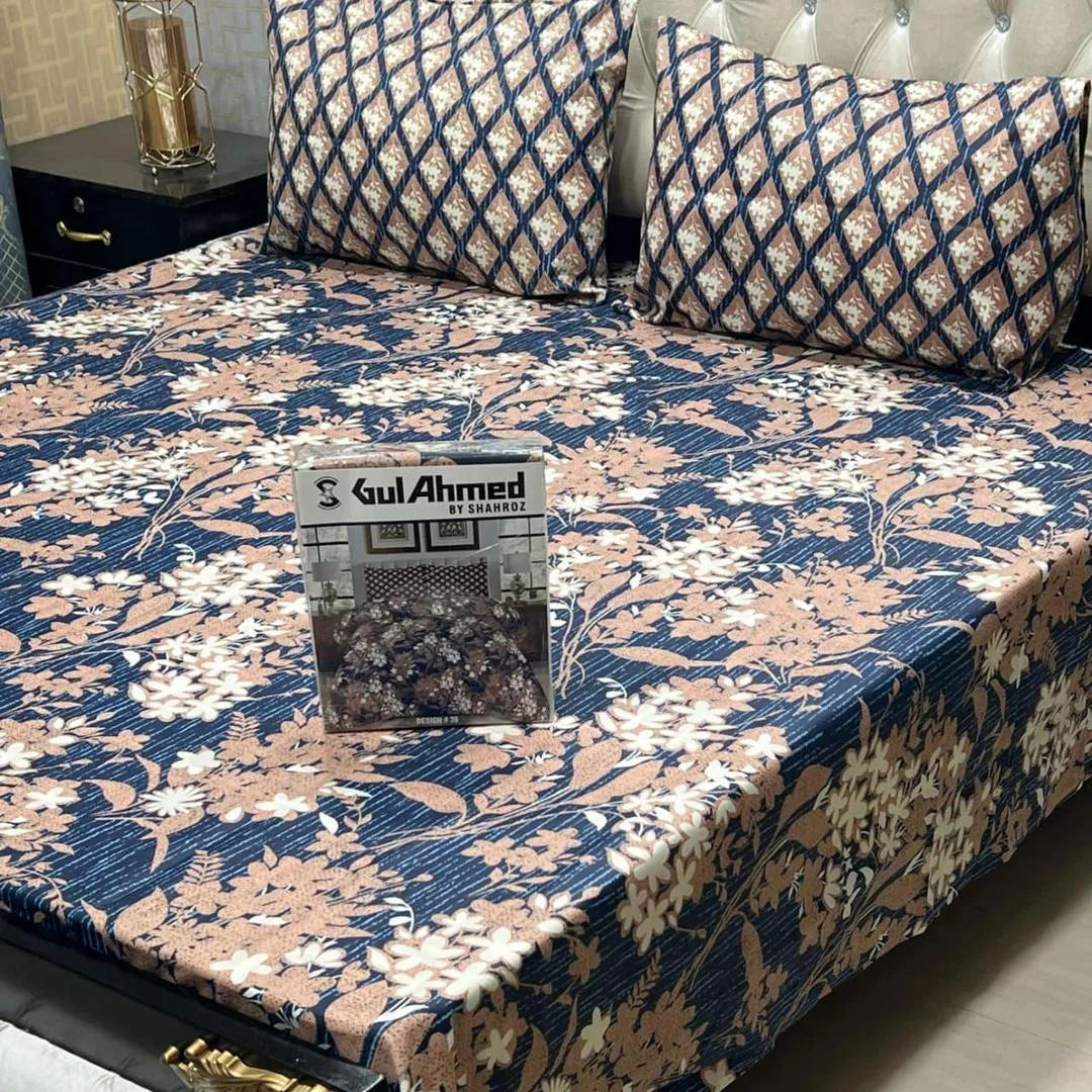 Blue cotton salonica printed bedsheet 3pc double bed set with pillow covers soft breathable durable comfortable everyday bedding