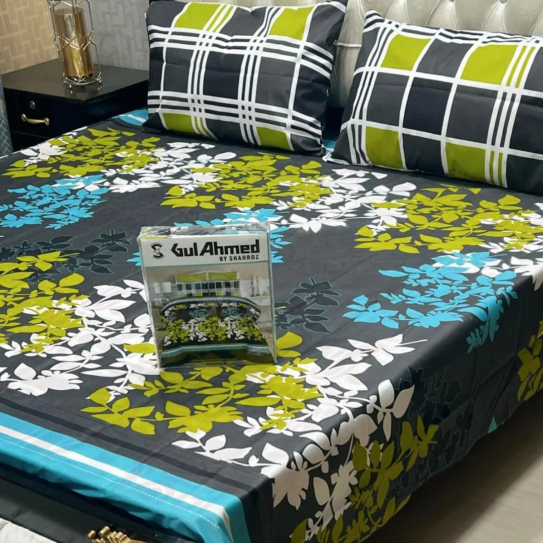 Multicolor cotton salonica printed bedsheet 3pc double bed set with pillow covers soft breathable durable stylish bedding