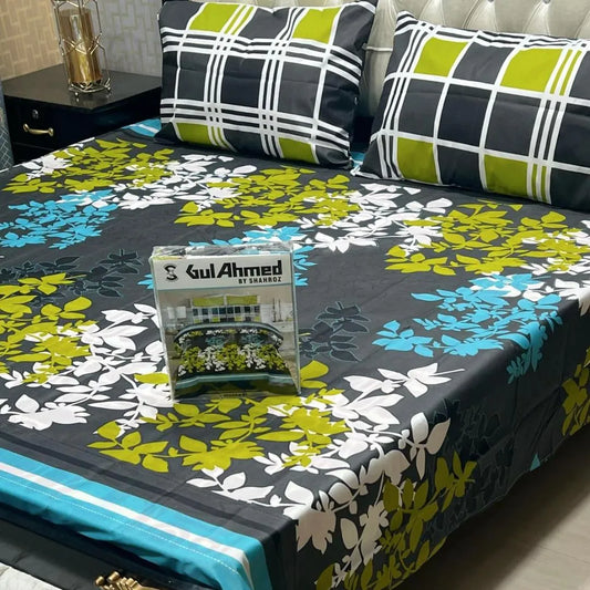 Multicolor cotton salonica printed bedsheet 3pc double bed set with pillow covers soft breathable durable stylish bedding