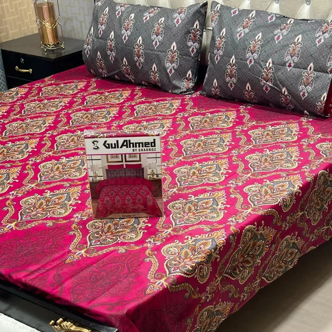Red cotton salonica printed bedsheet 3pc double bed set with pillow covers soft breathable durable elegant everyday bedding