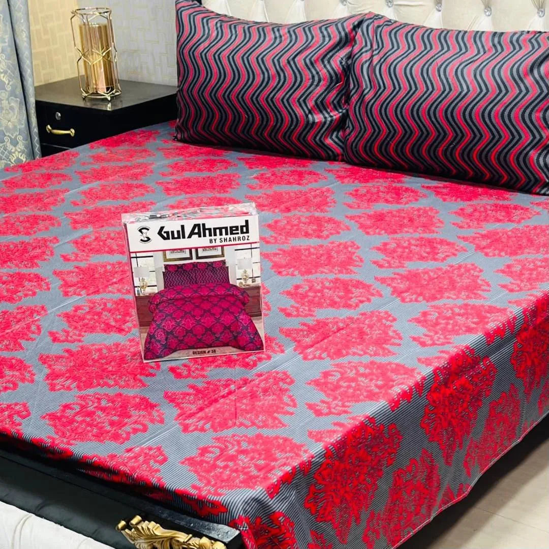 Red cotton salonica printed bedsheet 3pc double bed set with pillow covers soft breathable durable elegant home bedding