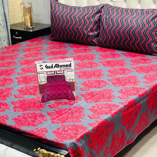 Red cotton salonica printed bedsheet 3pc double bed set with pillow covers soft breathable durable elegant home bedding