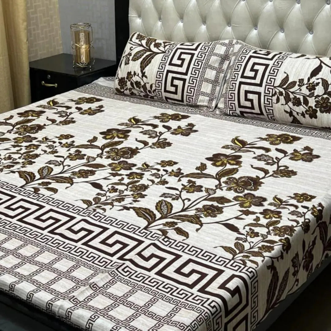 White crystal cotton printed bedsheet 3pc double bed set with pillow covers soft breathable durable elegant home bedding