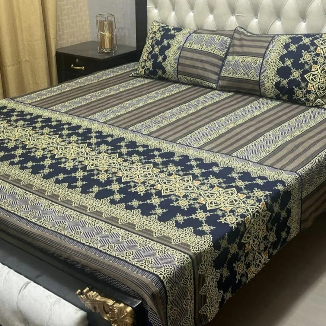 Blue crystal cotton printed bedsheet 3pc double bed set with pillow covers soft breathable durable smooth home bedding