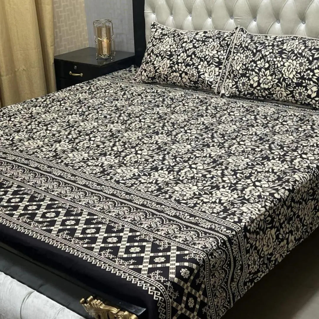 Black crystal cotton printed bedsheet 3pc double bed set with pillow covers soft breathable durable smooth elegant bedding