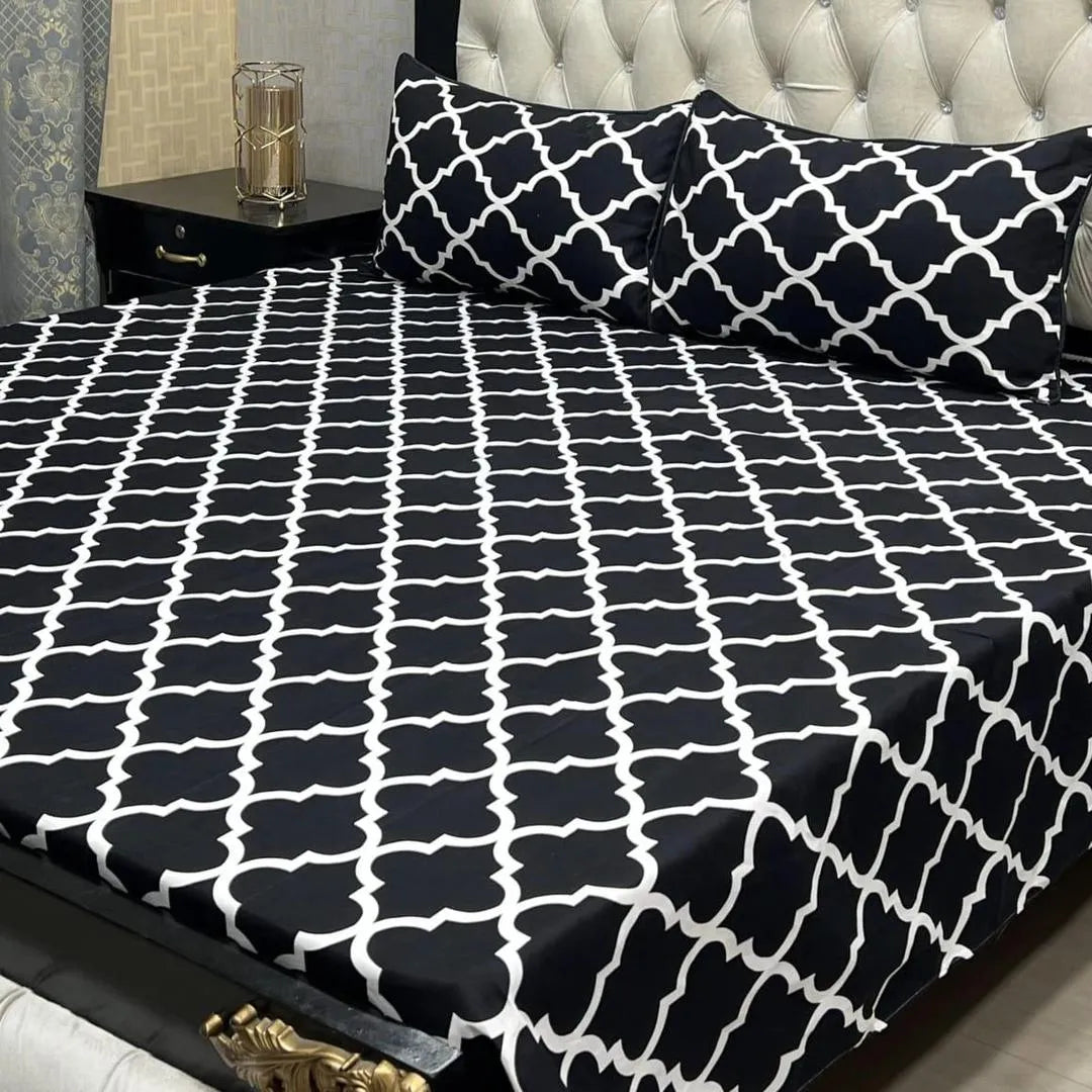 Black crystal cotton printed bedsheet 3pc double bed set with pillow covers soft breathable durable smooth modern bedding