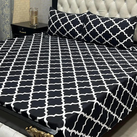 Black crystal cotton printed bedsheet 3pc double bed set with pillow covers soft breathable durable smooth modern bedding